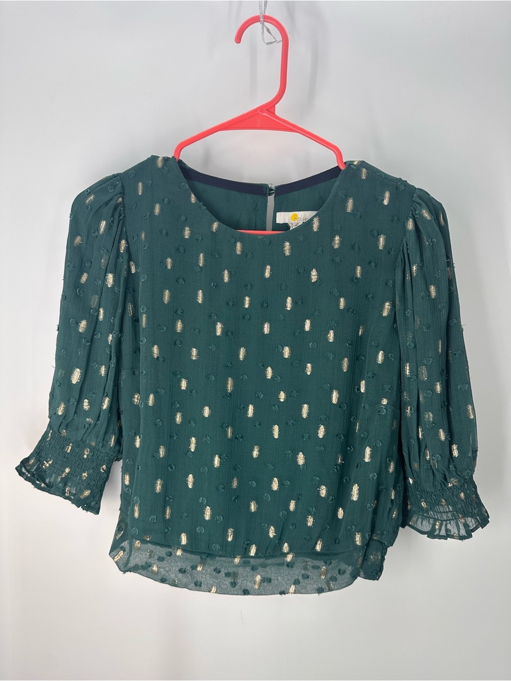 Women’s Boden Green & Metallic Gold Smocked Crop Top